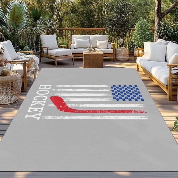 Outdoor Rug, American Flag Hockey Sport Indoor Area Rug Outdoor Carpet RV Camping Rugs 3x5ft Grey Back Outside Mat for Patio Picnic Porch Deck Balcony Backyard