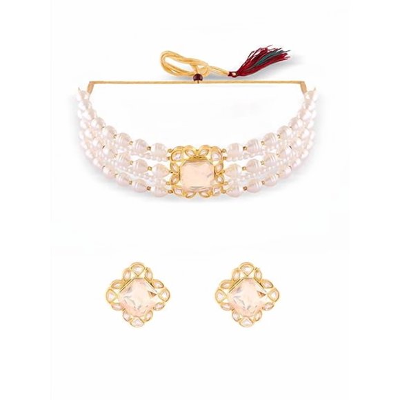 Tone Gold Plated Multistrand Beaded Statement Center Piece Choker Necklace Set With & Earring Set For Women | Dazzling Crystals Beads & Stone - Traditional Wedding Choker Jewellery Set