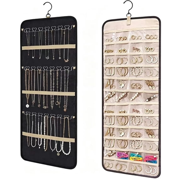 JinBeiXi Double-Sided Hanging Jewelry Organizer, 360° Rotating Hanger, 48 Clear Pockets & 21 Hooks, Large Black Jewelry Storage for Earrings, Necklaces, Travel & Home