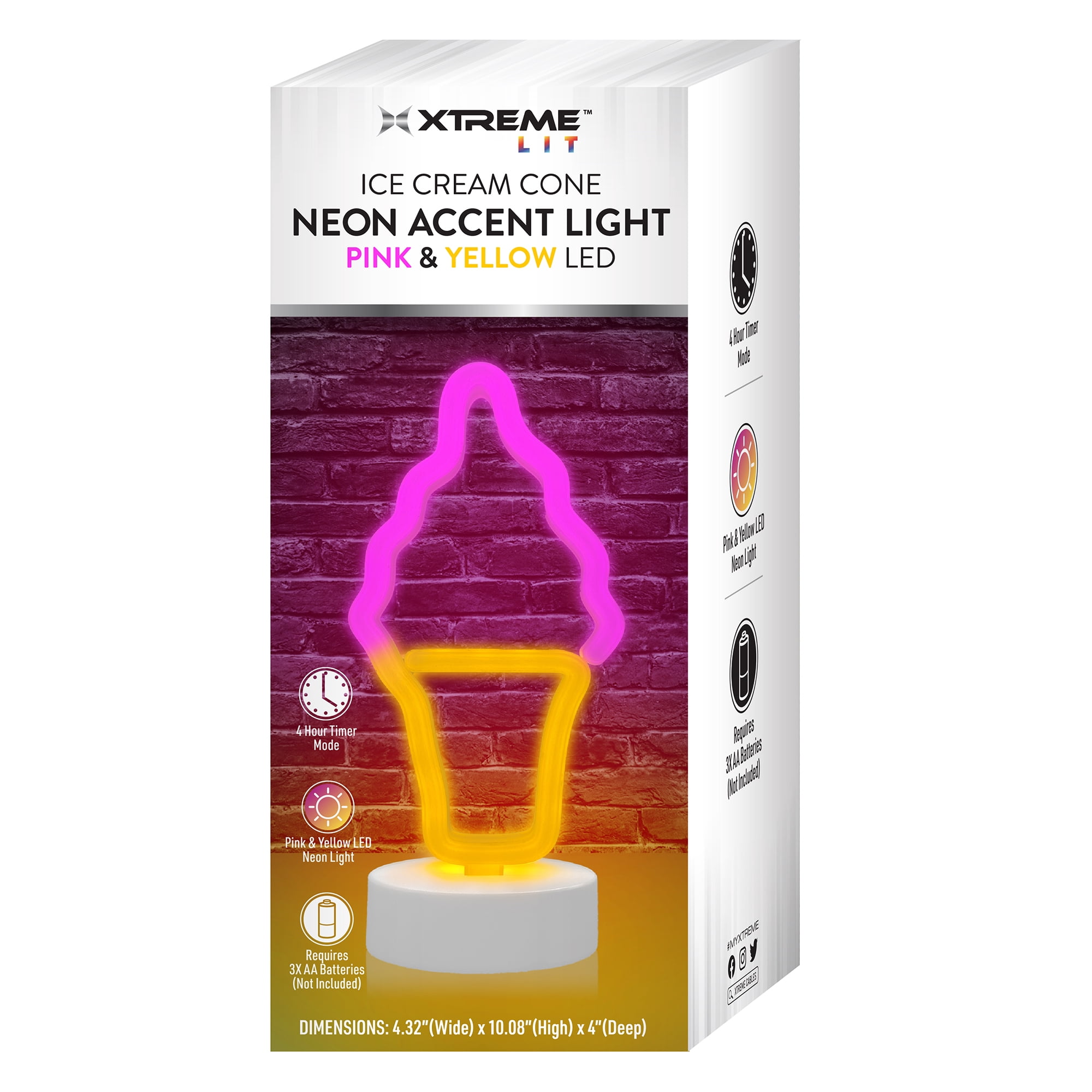 Xtreme Lit 10" Pink and Yellow Ice Cream Table Neon Lamp, 4 Hour Timer, Battery Powered 3 AA Batteries