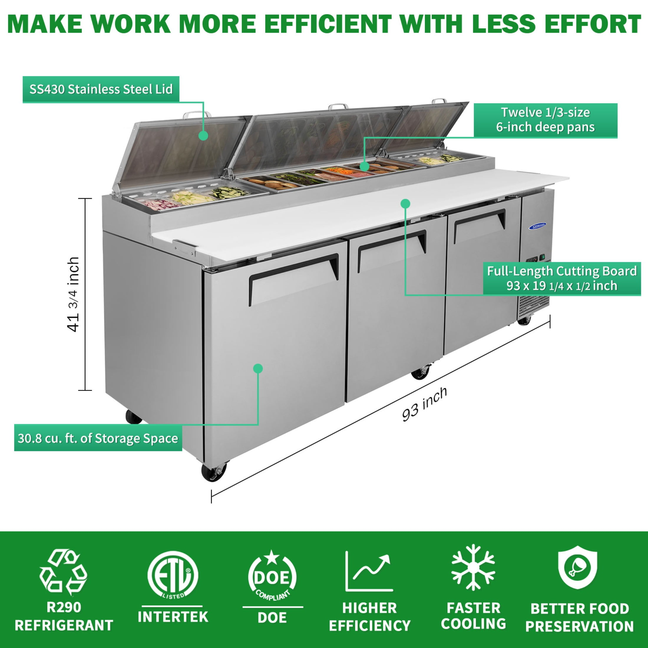93 IN Commercial Pizza Prep Table with a Built-in Refrigerator 30.8 Cu.Ft, Butcher Block Cutting Board, Protection Lid, Cold Storage, and Smooth-Rolling Casters, ETL Certified (LTL carry)