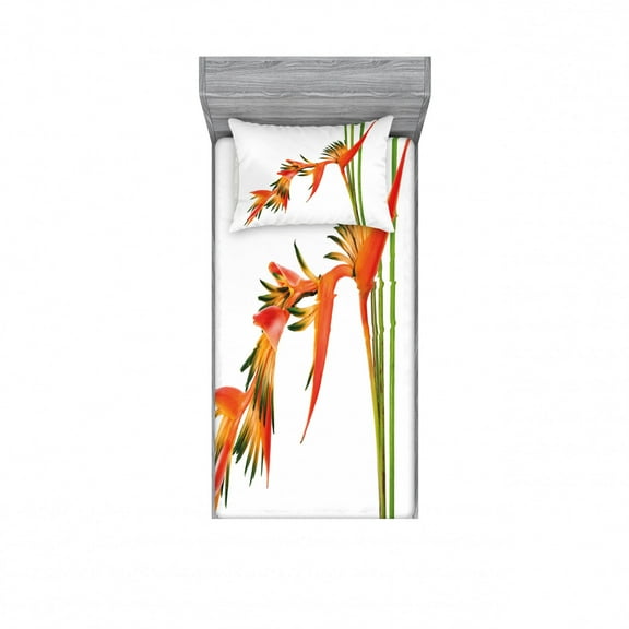 Floral Bedding Set with Sheet & Covers, Exotic Tropical Flowers on Branch Colorful Nature Jungle Garden Theme Image Print, Printed Bedroom Decor 2 Shams, 4 Sizes, Green Orange, by Ambesonne