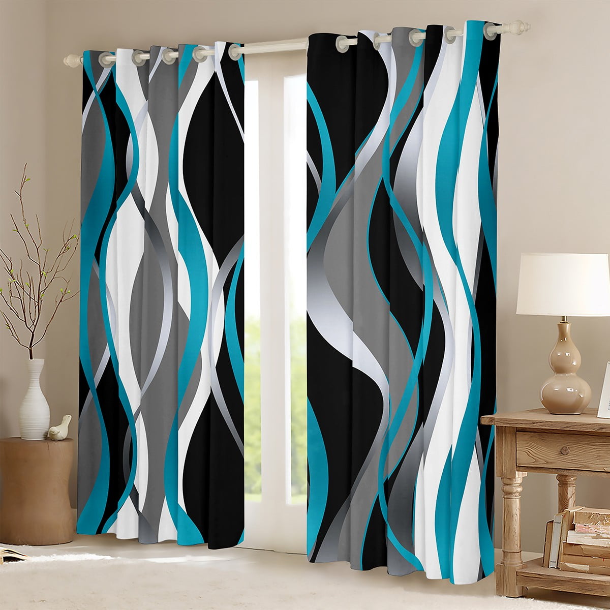 Manfei Minimalist Abstract Black Out Curtains, Aesthetic Striped Curtains Pack of 2 (42x63 Each), Gray White Black Teal Bedroom Curtains, Microfiber Bedroom Decor