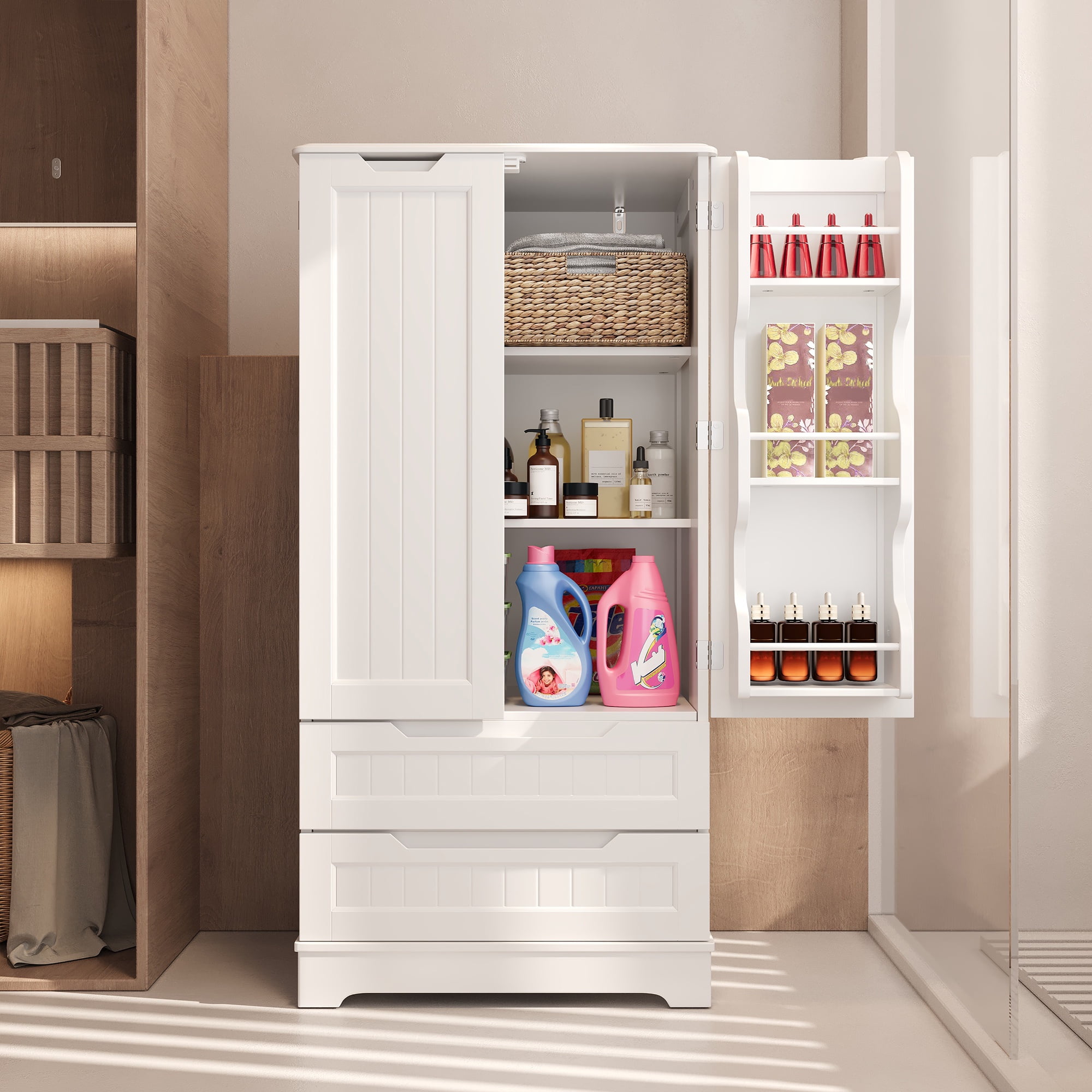 47" Kitchen Pantry Storage Cabinet with 2 Drawers, 8 Shelves and 2 Doors, White
