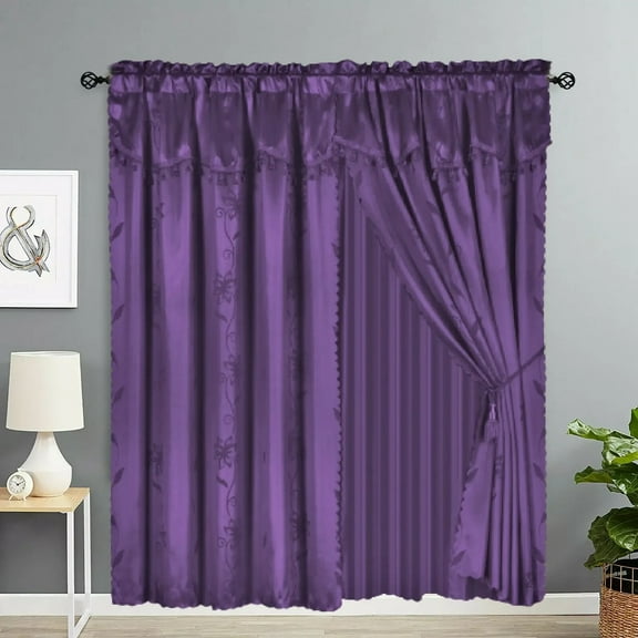 Nada Purple Complete Set Window Curtain Floral Faux Silk Panels Attached Valance and Backing Sheer Rod Pocket 120" W X 84" L