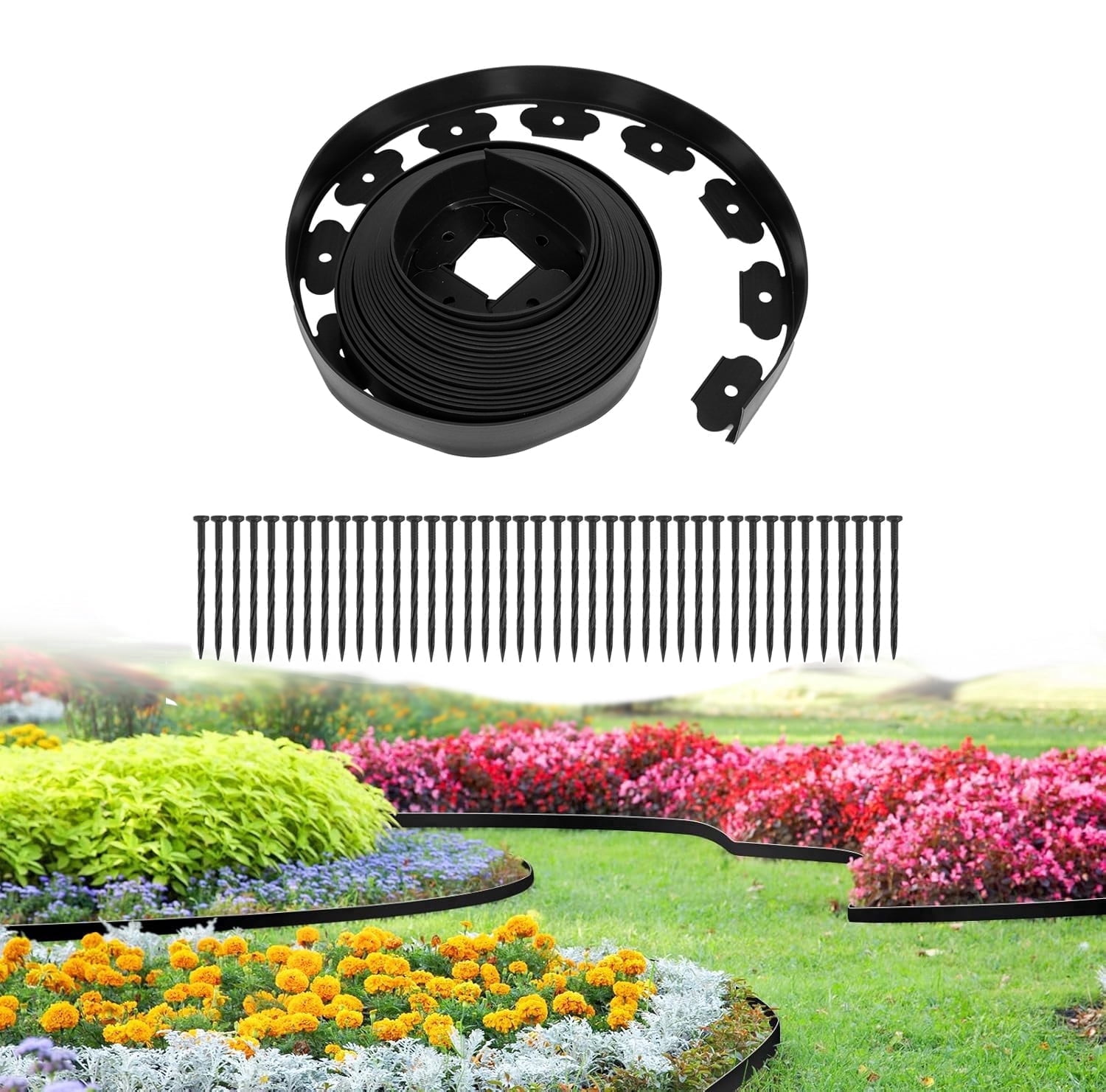 2 Inch x 40FT Garden Edging Kit with 40 Spikes for Landscaping, Plastic Lawn Edging Border for Flower Beds,  Pathways, Black