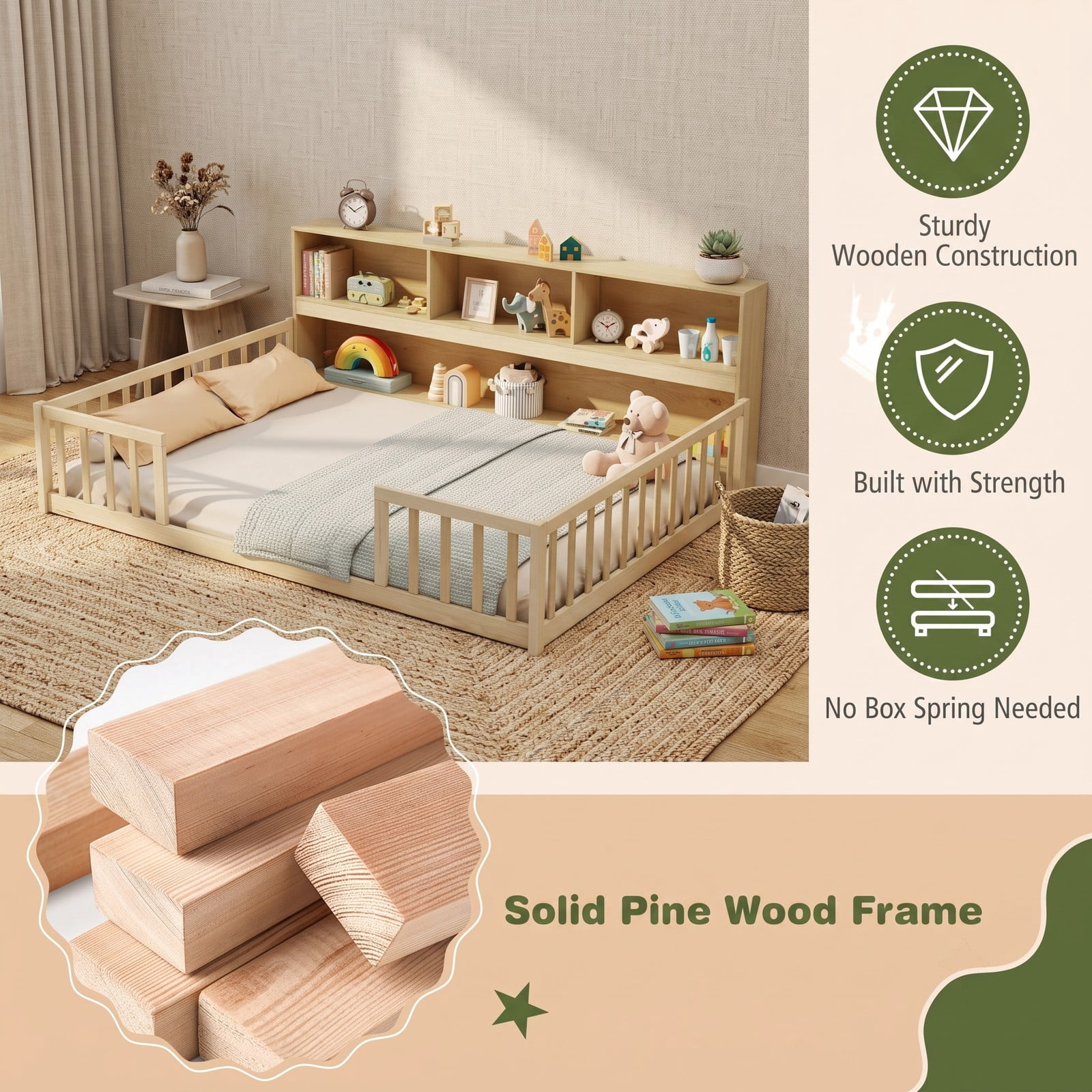 Furnibear Full Size Montessori Floor Bed Frame with Bookcase Headboard and Full Length Fence Rails, House Bed for Kids Bedroom, Natural