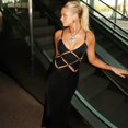 thumbnail image 4 of Hollow Out Metal Ring Backless Sexy Long Dress Women's Halter V-Neck Sleeveless Dress, Solid Color, 4 of 14
