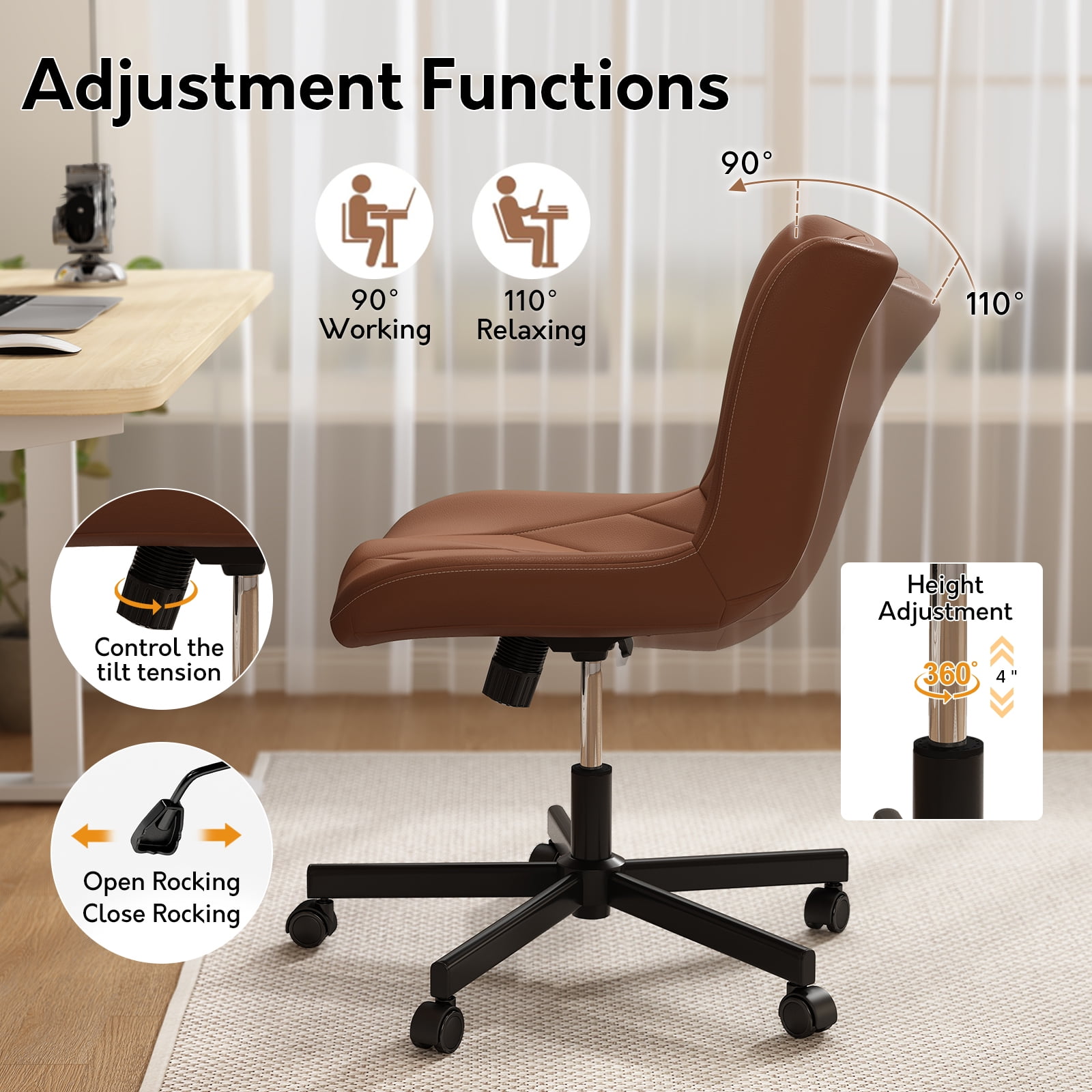iooHug Armless Office Chair, PU Leather Small Computer Desk Chair with Wheels, Adjustable Swivel Vanity Chair with Memory Foam Cushion, No Arms Task Chair for Home Office, Bedroom, Brown