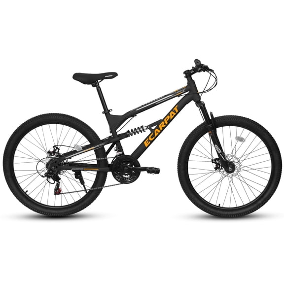 24 Inch Mountain Bike Full Suspension, 21 Speed Mountain Bicycle with Double Disc Brakes, Carbon Steel Frame Commuter City Bike for Adult Men Women, Black-Orange
