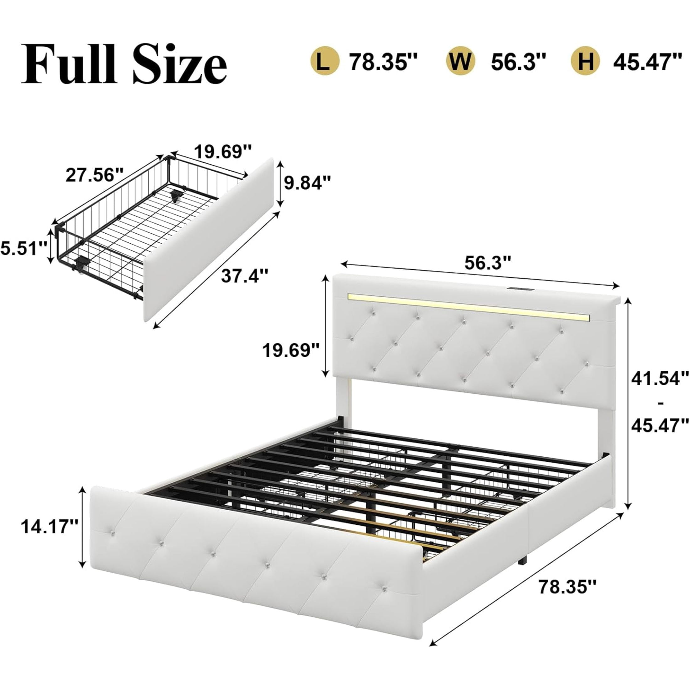 Noble House Quinci Full Bed Frame with LED Light and Adjustable Headboard, Storage Drawers & Charging Station, White
