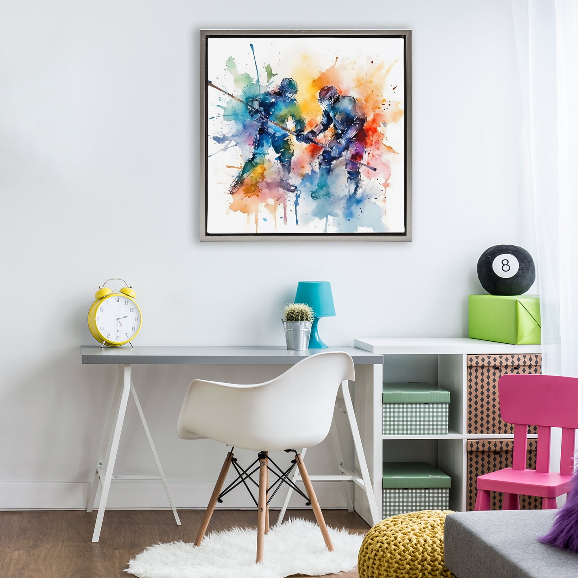 Stupell Industries Watercolor Hockey Faceoff Gray Framed Floater Canvas Wall Art, design by Creative Studio