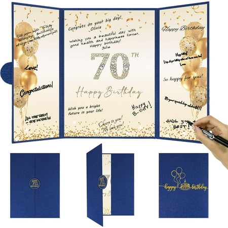Blue Gold 70th Birthday Party Decorations Blue Happy 70th Birthday Alternative Signature Guest Book for Men Women Cheers to 70 Years Old Gifts 70 Birthday Signing Card Board Party Supplies