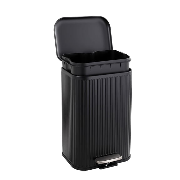 PYY Soft-Close Step Trash Can – Black Stainless Steel Indoor Recycling Bin, Fluted Rectangular Design, Removable Inner Bucket, Waste Container for Office, Home, Bathroom – 12L Black 26.5×22.3×38.8cm