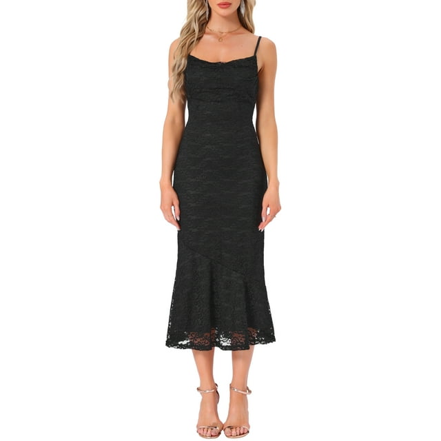 VESTIDO DE MUJER INSPIRE CHIC Encaje Floral Escote Cuadrado Tirantes de Espagueti Bodycon Cóctel Maxi Vestido XL Negro