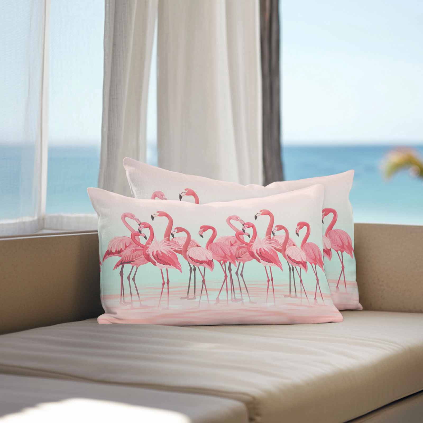 Outdoor Waterproof Throw Pillow Covers Set of 2 Pink Flamingo Decorative Pillowcases Lumbar Outdoor Pillows Cushion Case 20x12 Inch Tropical Animal Ombre Teal Patio Pillows for Couch Sofa Bed Garden