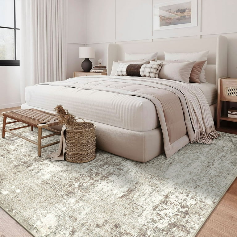 BERTHMEER 6'x9' Beige Abstract Area Rug, Non-slip, Machine