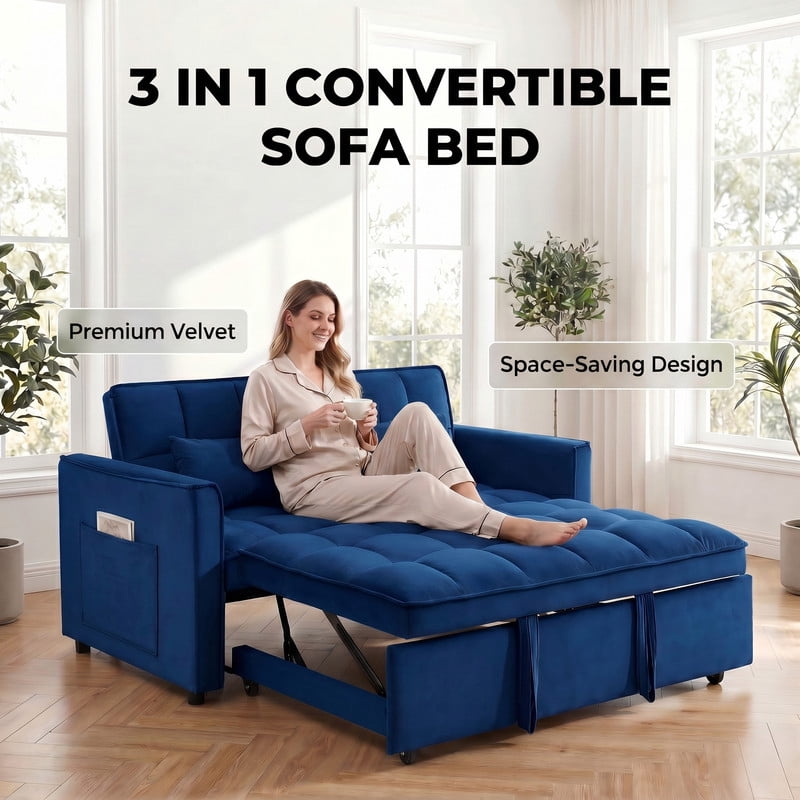 Gewnee 55" Sofa Bed, Convertible Sleeper Sofa & Pull Out Couch, 3-in-1 Velvet Loveseat with Adjustable Backrest and Storage Pocket, Blue