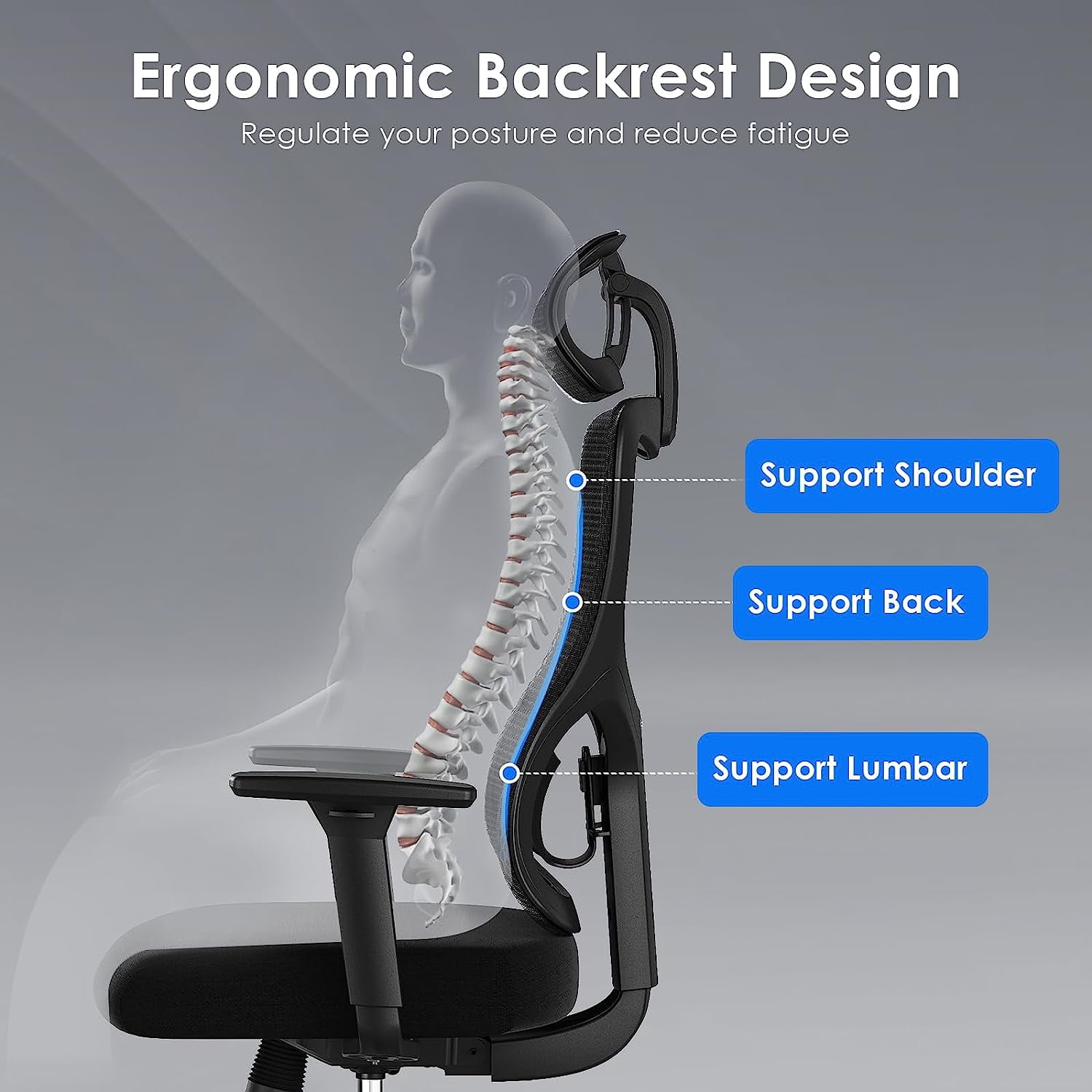 Farini Ergonomic Mesh Office Chair, Computer Desk Chair Ergonomic with Headrest, Adjustable Lumbar Support and 3D Armrests, High Back Office Chair, Black & Black