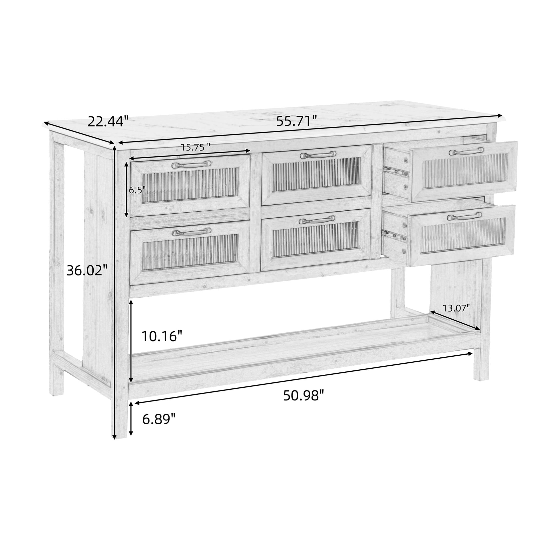 Christopher Knight Home 55.7" Kitchen Island Table with Glass Front and 6 Drawers, Marble Top, Brown