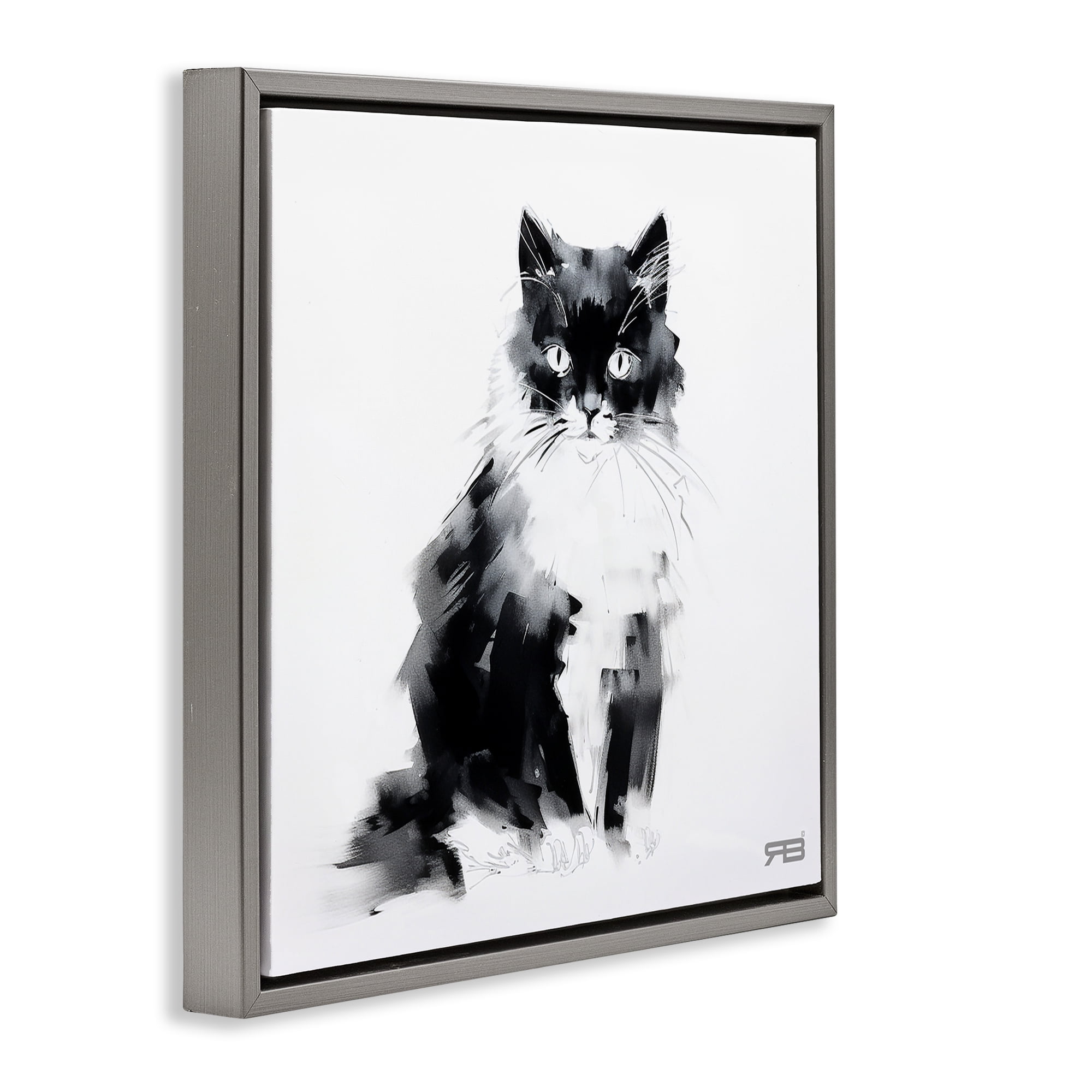 Stupell Industries Abstract Black & White Cat Animals & Insects Painting Gray Floater Framed Canvas Art Print Wall Art, 25 x 25