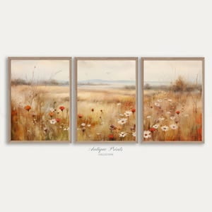 Autumn Wildflower Field Set of 3 Prints, Country 3 Pieces Fall Wall Art, Landscape Painting, Neutral Split Print, Farmhouse Decor, , Poster Only