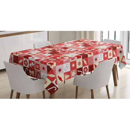 Ruby Bell - Christmas Tablecloth, Xmas Icons Candy Cones Stars Ribbons Hand Bells Pines Ornaments in Boxes, Rectangular Table Cover for Dining Room Kitchen, 52 X 70 Inches, Ruby Red White, by Ambesonne