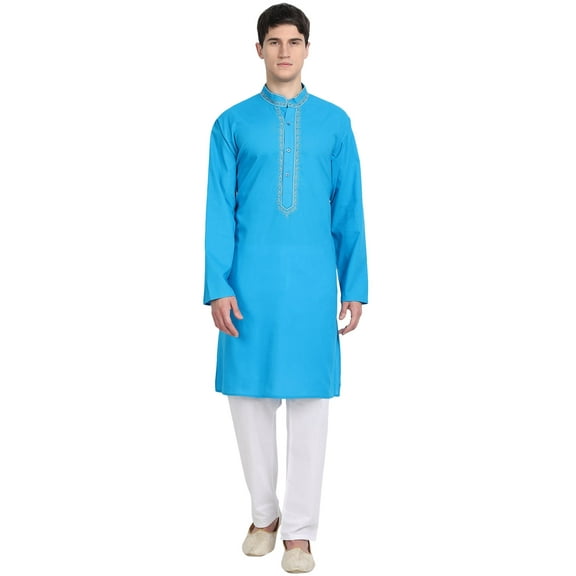 SKAVIJ Kurta Pajama Set for Men Embroidered Cotton Traditional Dress Turquoise L
