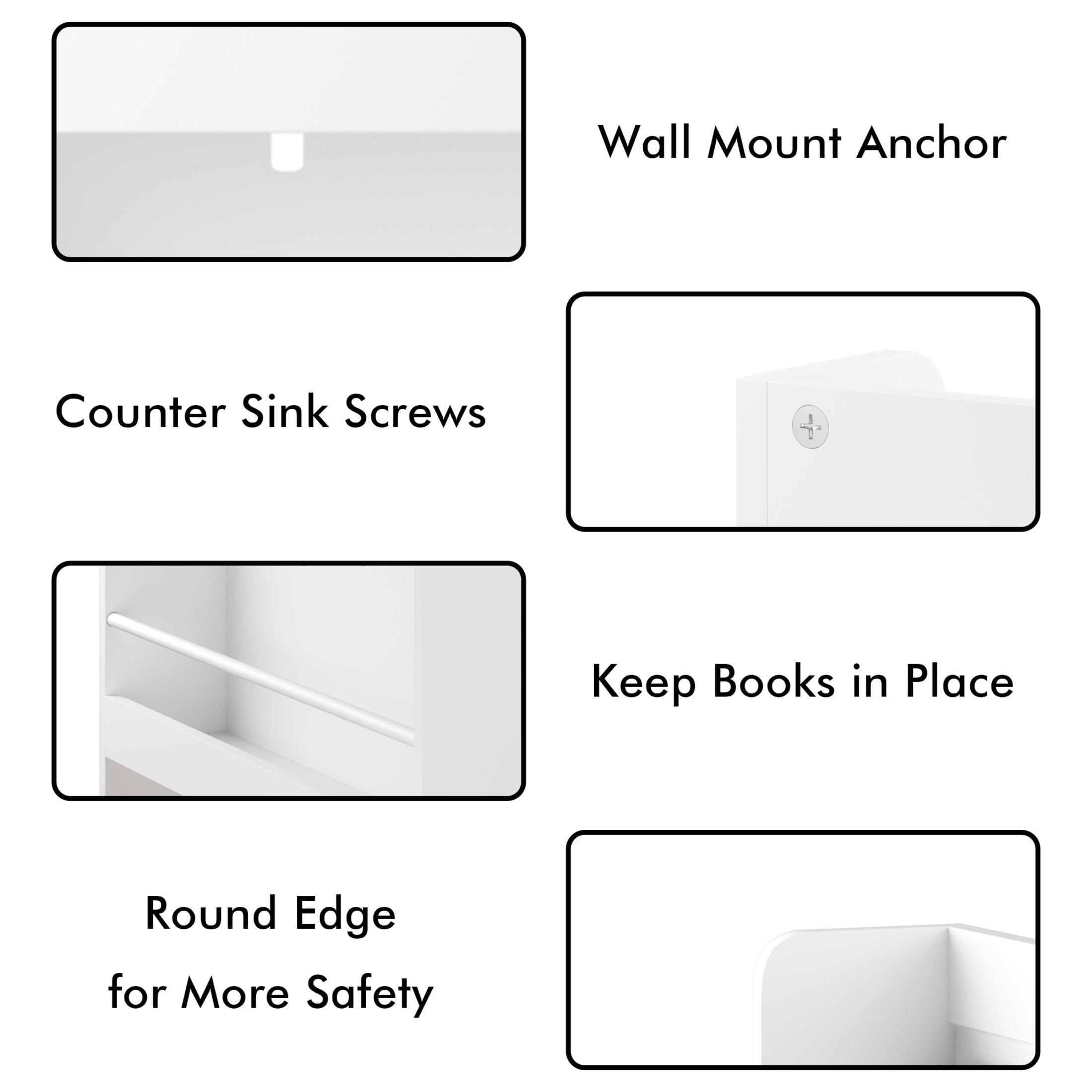 Noble House Wall-Mounted Kids Bookshelf with 3 Front-Facing Display Shelves, Book Rack with Natural Wood Base, White