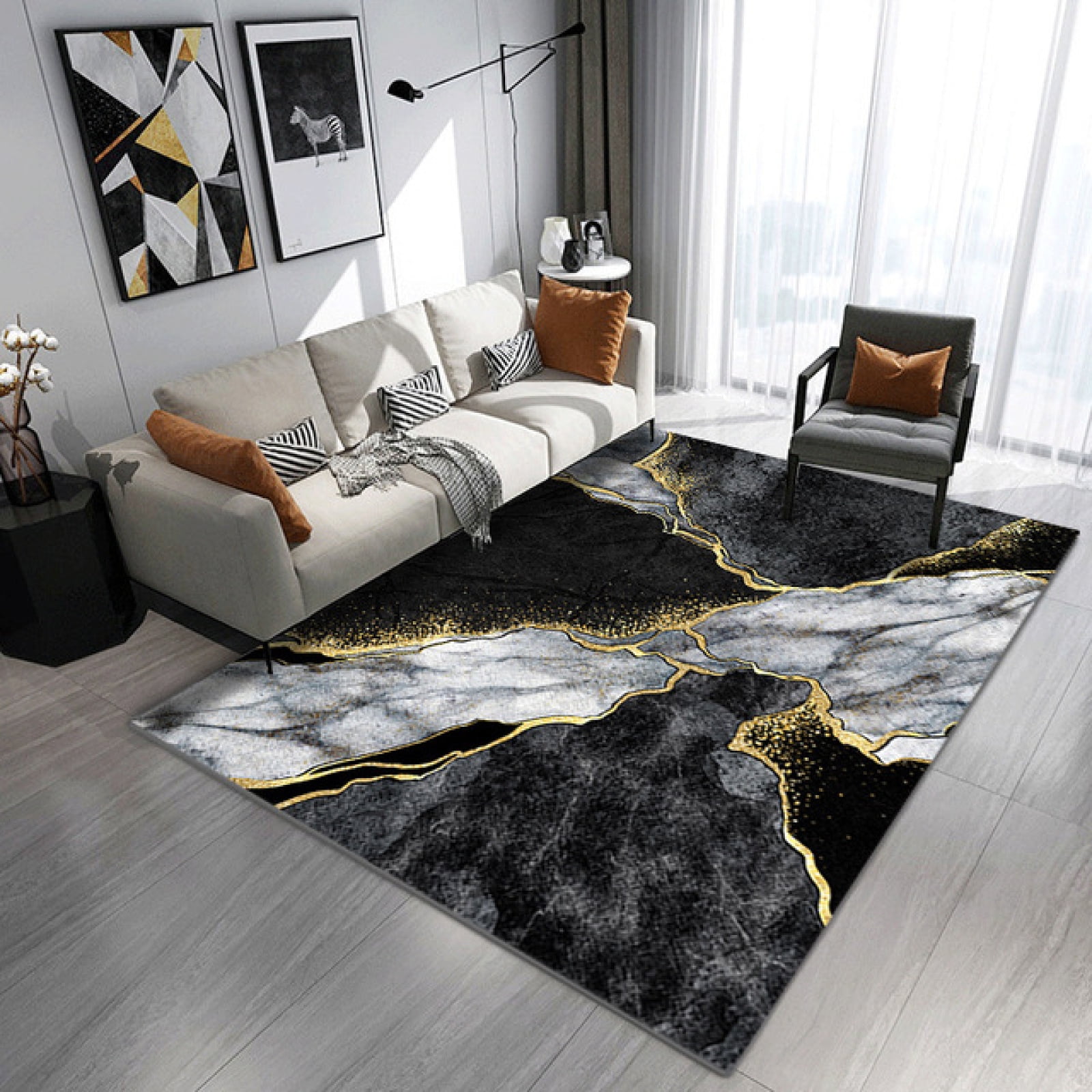 Vintage Modern Abstract Marble Pattern Area Rugs, Black Grey Gold ...