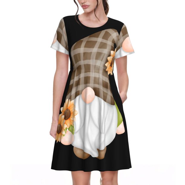 Disketp Sunflower Gnomes 4 para Vestido de Manga Corta para Mujeres, Vestidos de Verano para Mujeres, Casual y Holgado para la Playa