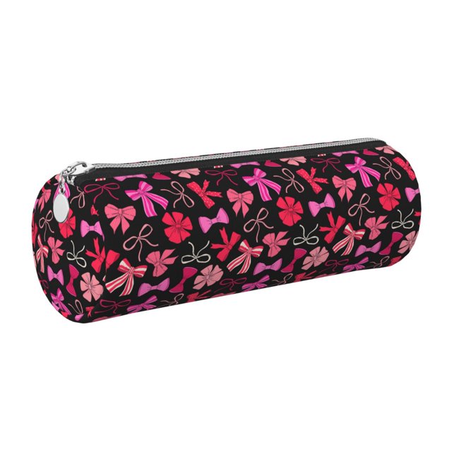 Easygdp Various pink and red Bow knots para Estuche de Lápices Cilíndrico de Cuero con Cremallera, Organizador de Lápices de Cuero para Escuela, Oficina y Viajes