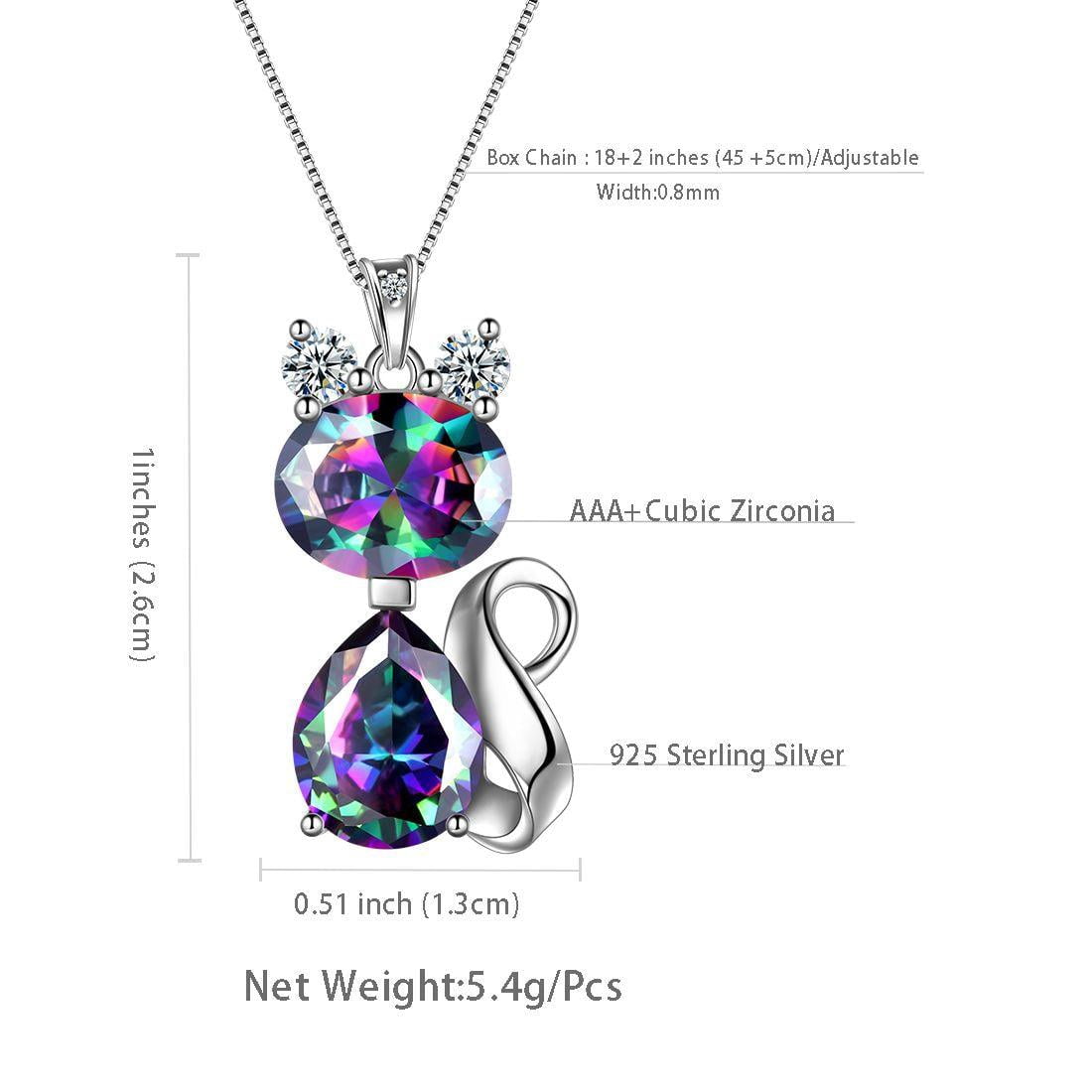 Juwaliy Cat Necklace 925 Sterling Silver Pendant Crystal Rainbow Mystic Topaz Necklaces Jewelry Women Daughter Wife Mother Christmas Birthday Gift