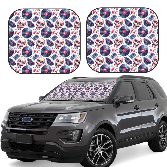 Vsdgher record rock music Skull Print Car Windshield Sun Shade, Reflective Sunshade Window Sunshade Sun Visor Protector Fit for Cars,Trucks,SUVs-Medium