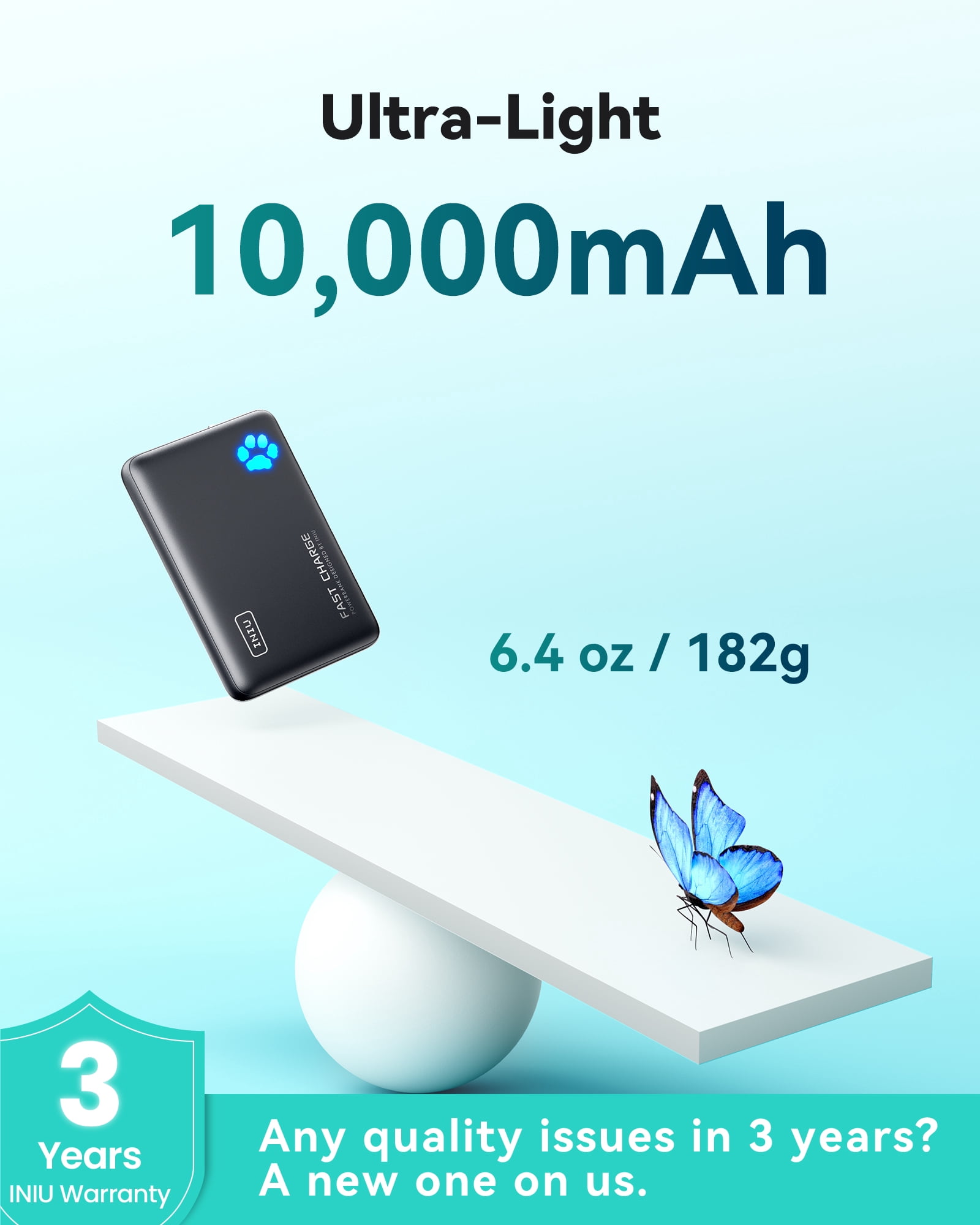 INIU PowerPaw 10K Fast Charging Portable Charger, 10,000mAh Slim Power Bank with Dual Usb C & Usb A Ports Compatible with iPhone, Samsung, Google Pixel, and Tablets