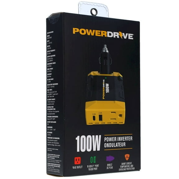PowerDrive 100W DC to AC Inverter, 3-Prong Outlet, Dual USB Ports, Cigarette Lighter Adapter
