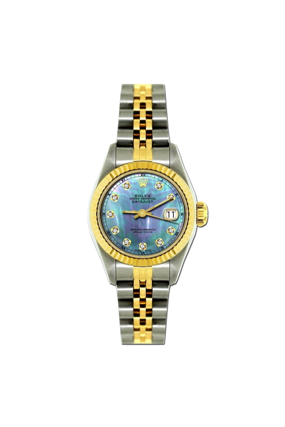 Pre-Owned Rolex Datejust 26MM 69173 Blue Mother of Pearl Diamond Dial Fluted Bezel Two Tone Yellow Gold Jubilee Bracelet