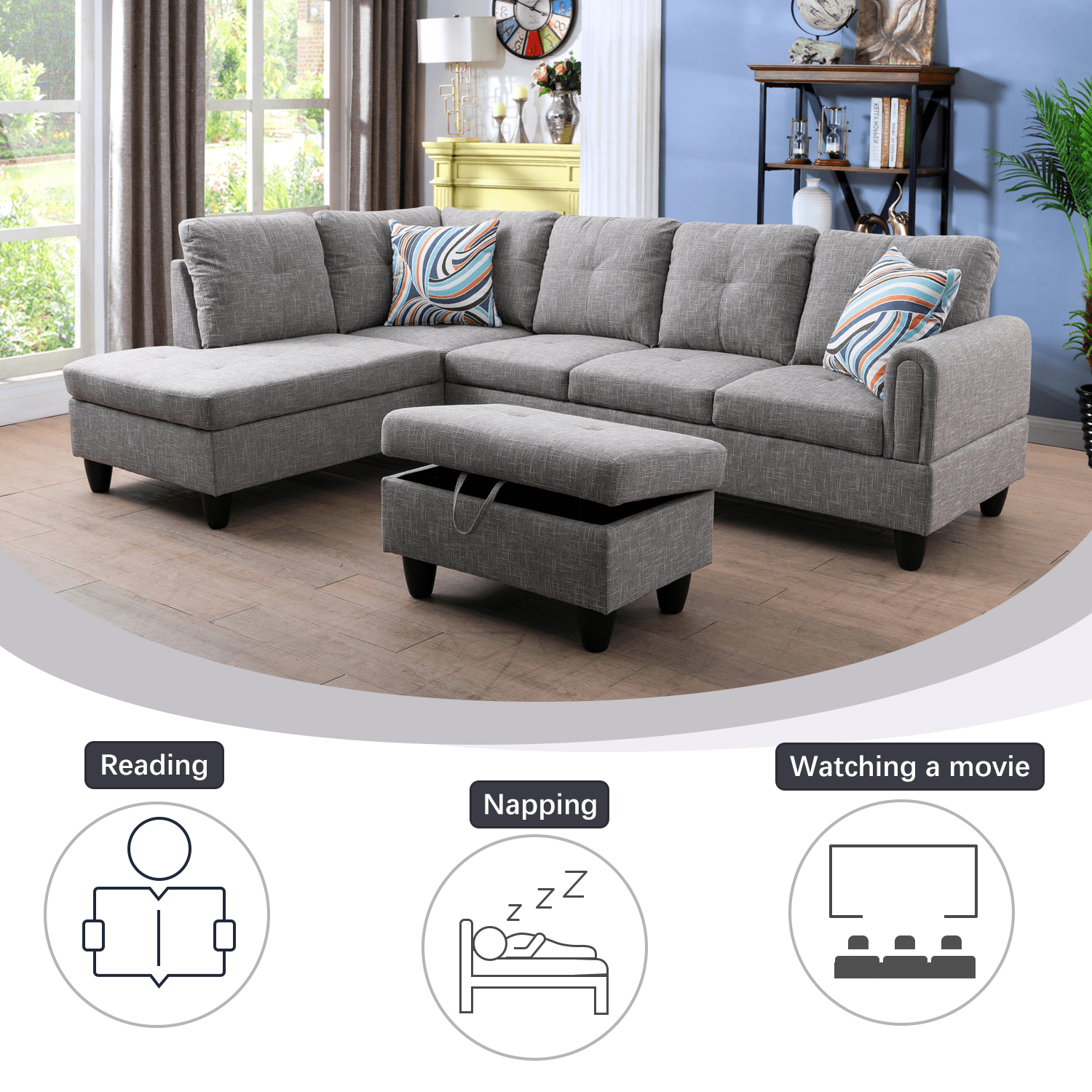 Aukfa Sectional Sofa, Living Room Couch with Storage Ottoman, Left Facing, 2Pillows, Flannel, Gray
