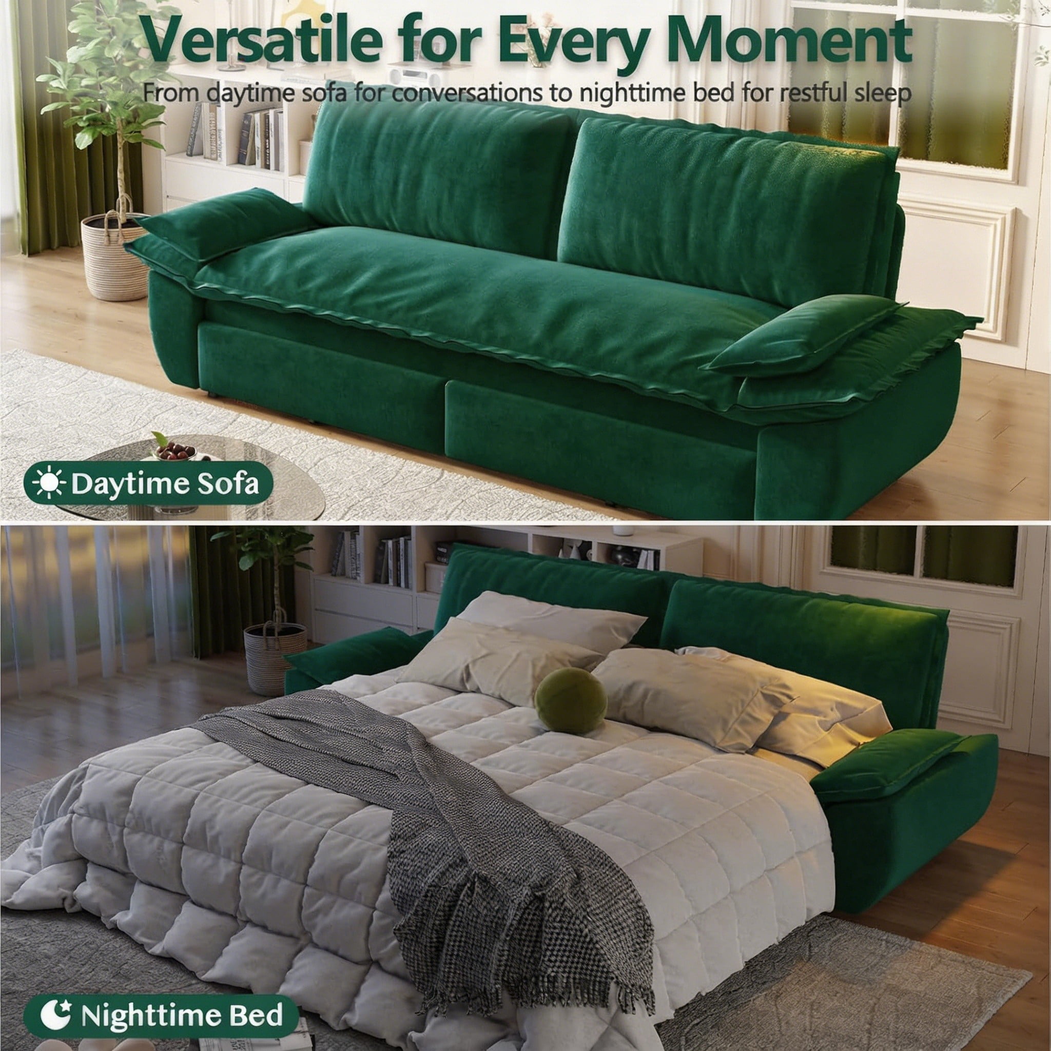 Multi-Functional Velvet 3-in-1 Convertible Sofa Bed, Queen Size Sleeper Loveseat with 2 Pillows, Green