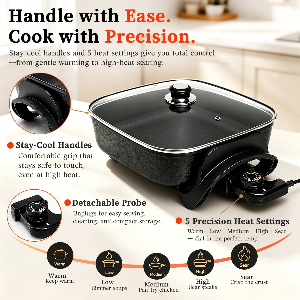 12 Inch Electric Frying Pan with Glass Lid, 5L Non-Stick Skillet, 1500W Fast Heating with Adjustable Temperature Control