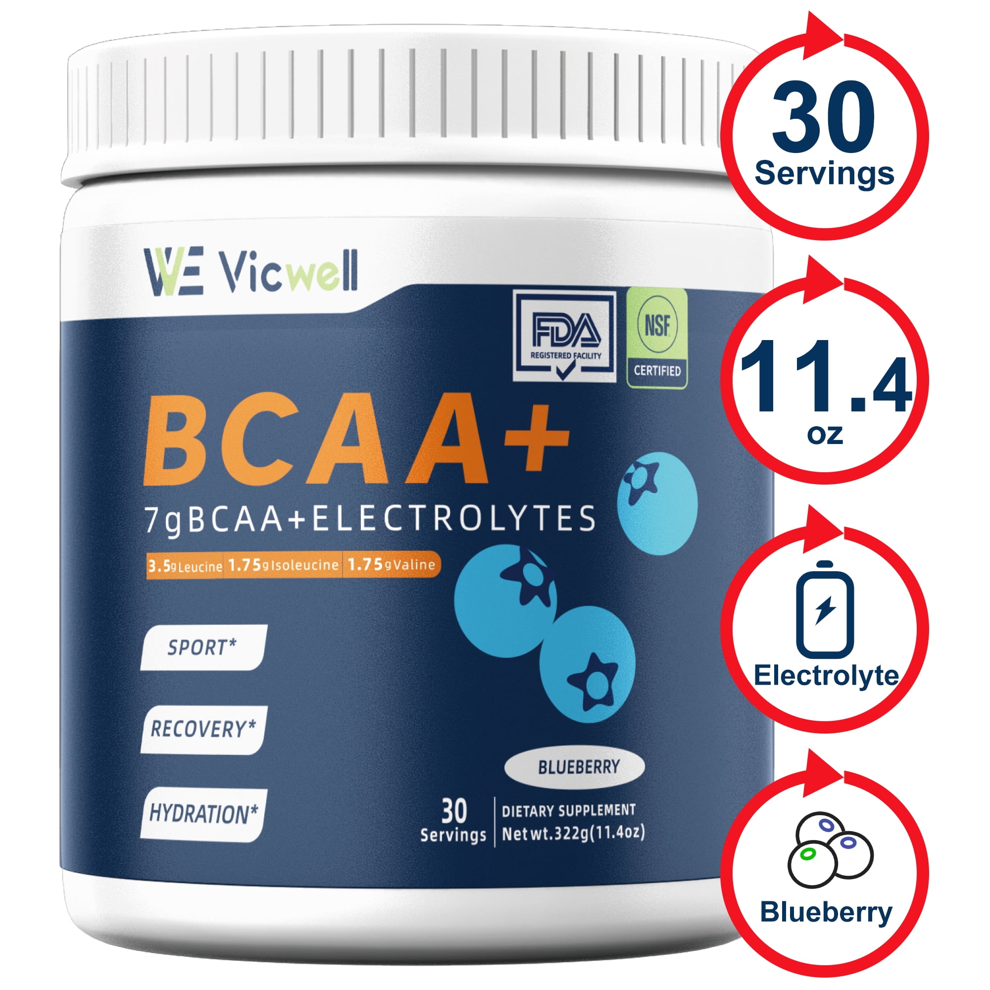 11.4 oz BCAA Powder + Electrolytes + Workout Muscle Recovery + 7g 30 Servings, Blue Raspberry