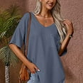 thumbnail image 5 of Women's Knit Short Sleeve Top Summer Loose Solid Blouse Casual V Neck 3/4 Sleeve Shirt, 5 of 8