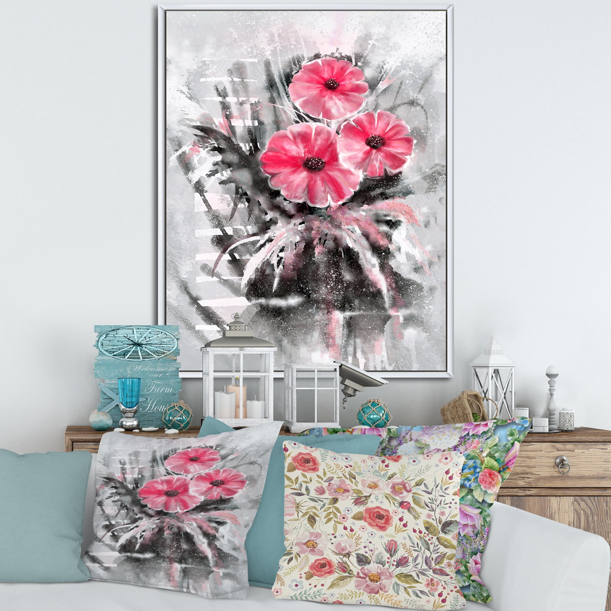 Designart 'Abstract Red Flowers On Gray Background' Traditional Framed Canvas Wall Art Print