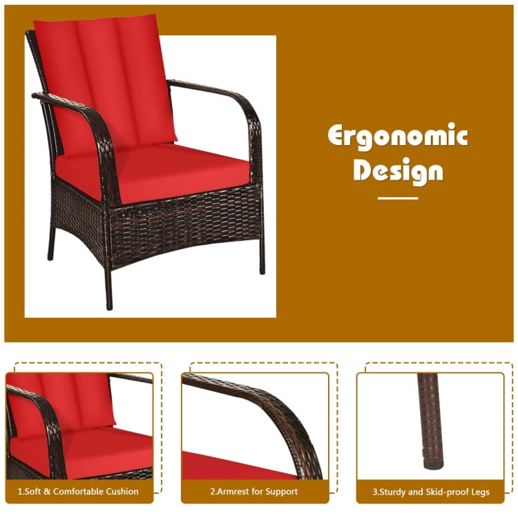 Aimee Lii 3 Pcs Patio Conversation Rattan Furniture Set, Small Patio Set with Glass Top Coffee Table and Cushions, Red