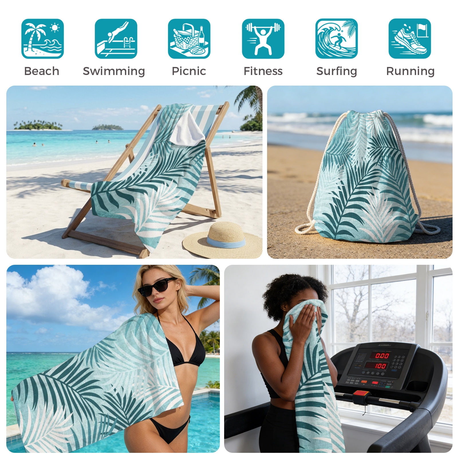 Beach Towel Bag 2 in 1 Turquoise Palm Leaves Bath Pool Towels Backpack Summer Tropical Leaf Plant Absorbent Beach Towel Soft Quick Dry Towels Drawstring Bag for Travel Camping Sports Picnic