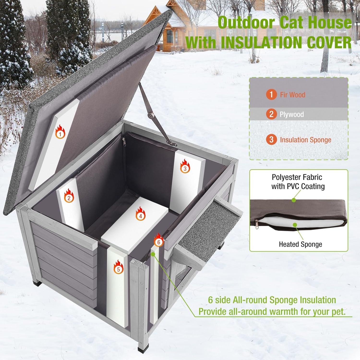 MEDEHOO Insulated Outdoor Cat House with Insulated Liner Weatherproof Feral Cat Shelter for Winter