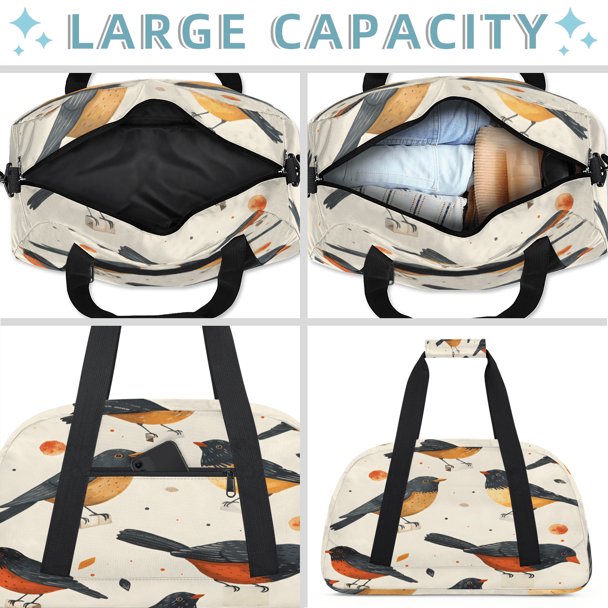 Herdesigns Bird Sports Duffle Bag for Women & Men, Bird Print Gym Bag Dance Bag Overnight Bag Carry On Weekender Travel Bag
