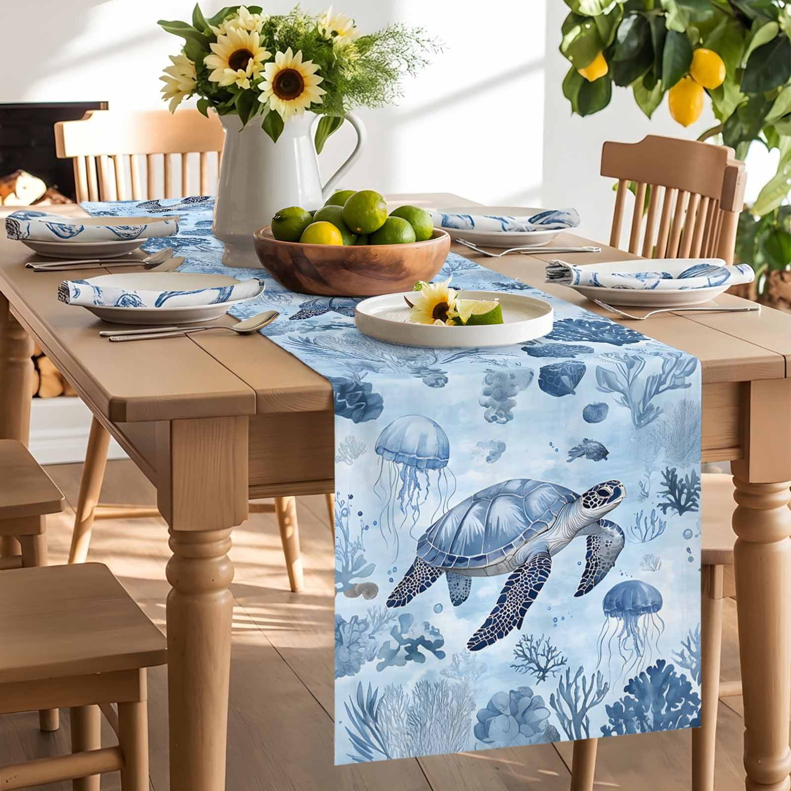 Sea Turtle Jellyfish Blue Ocean Table Runner 90 Inches Long, Coral Marine Life Table Runners Tabletop Scarf Kitchen Dining Tables Decoration for Home Party Indoor Outdoor