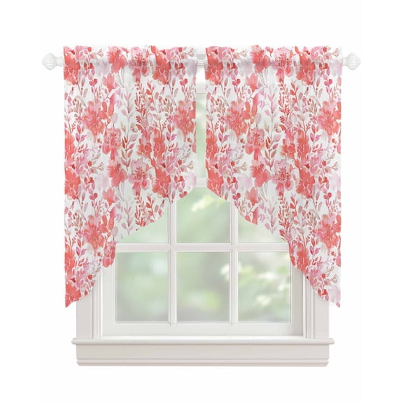 Red Pink Flowers Swag Valances for Windows, Watercolor Summer Botanical Floral Rod Pocket Sheer Valances for Small Windows, Swag Toppers Light Filtering for Kitchen Living Room 2 Panels 36''x36''
