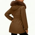 thumbnail image 3 of Women's Mid-length Solid Color Cotton Coat with Removable Hood Fur Collar, Brown, Size L, 3 of 4